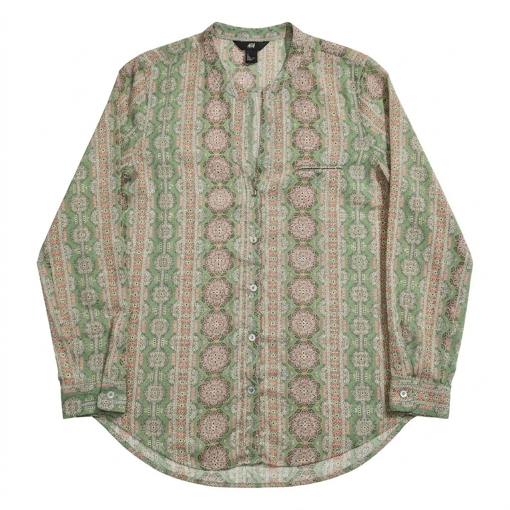 KUT from the Kloth Blouse Womens Medium Green Medallion Boho Roll Tab Sleeve
